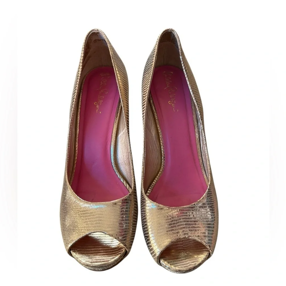 Lilly Pulitzer Gold Metallic Wedge Peep Toe Heels Size 8.5 – Resort Chic